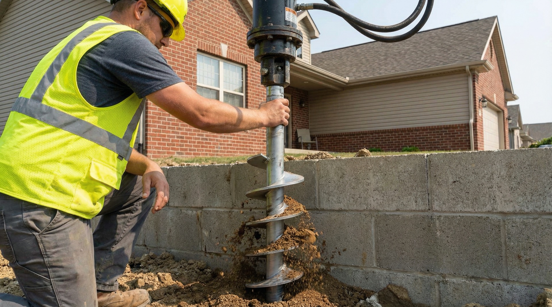 Foundation repair technician inspecting home foundation