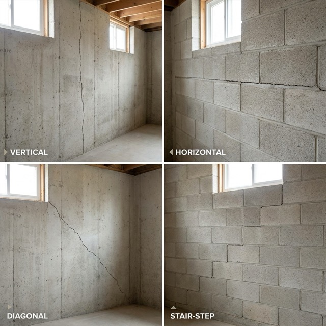 types of foundation cracks Florida - vertical horizontal diagonal stair-step comparison