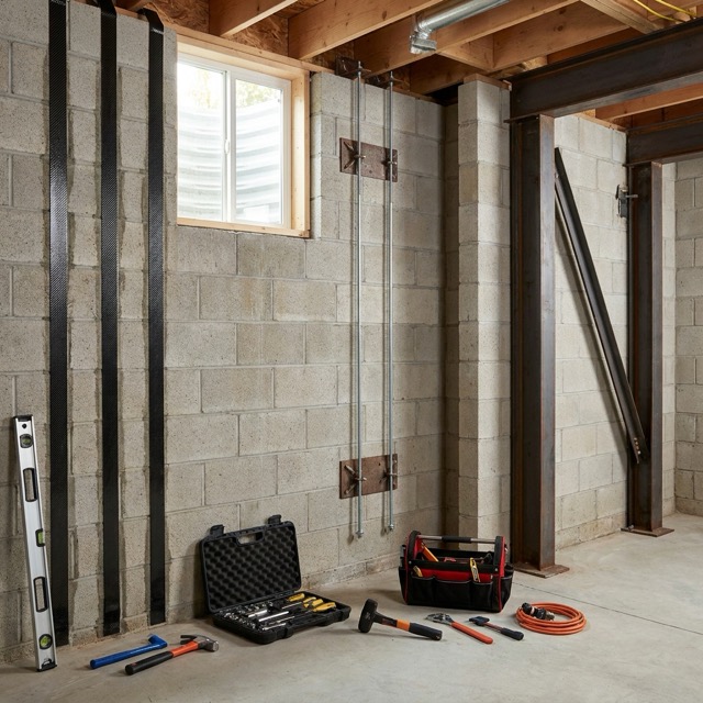 foundation wall repair methods Texas - carbon fiber straps vs wall anchors vs steel I-beams