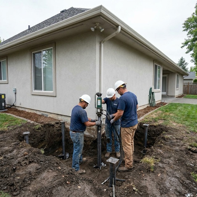 slab foundation repair Texas - slab pier installation beneath concrete slab-on-grade home
